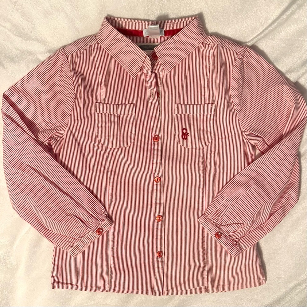 Okaidi Obaibi France Striped Cotton Button Down Shirt Girls 5 Red White Blouse